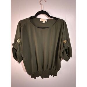 MICHAEL KORS Women Olive Green Dolman Sleeve Smocked Hem Top Size L